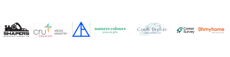 Client logos: Shapers, Cru Singapore Media Ministry, Natures Colours, Cooly Breeze, Career Survey, Ohmyhome