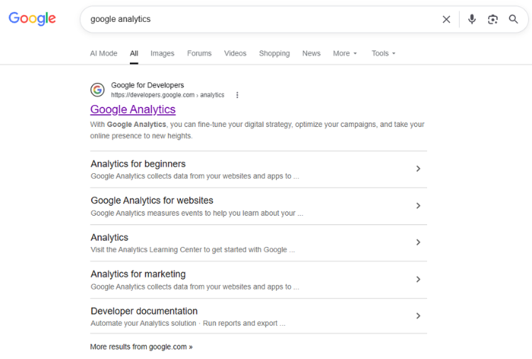 Google search results for Google Analytics