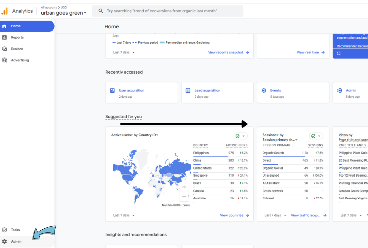 Google Analytics home screen with an arrow pointing to Admin in the lower left