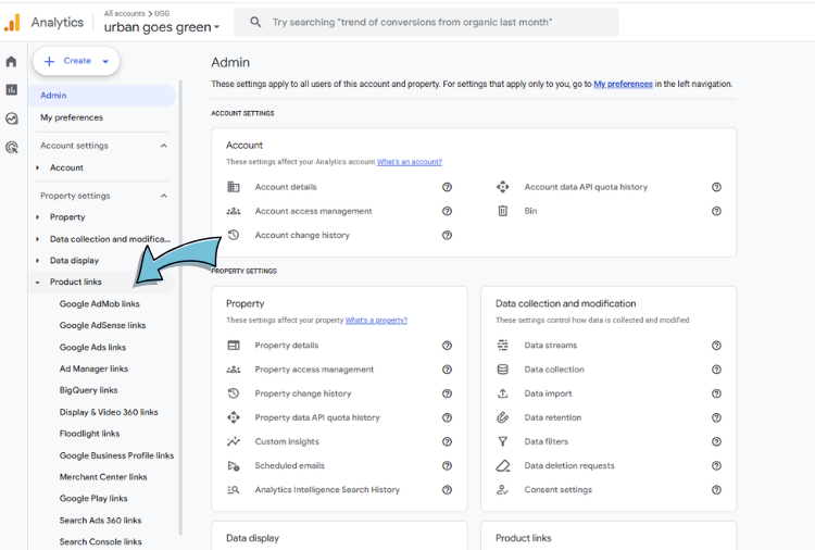 Google Analytics Admin page with Product links expanded in the left menu