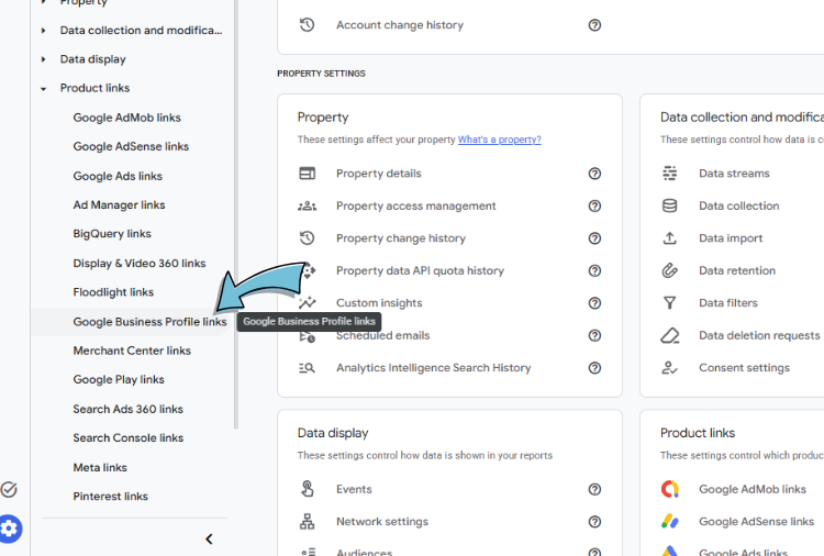 Product links menu with Google Business Profile links highlighted