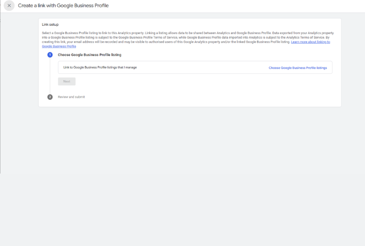 Create a link with Google Business Profile screen showing the Choose Google Business Profile listings option