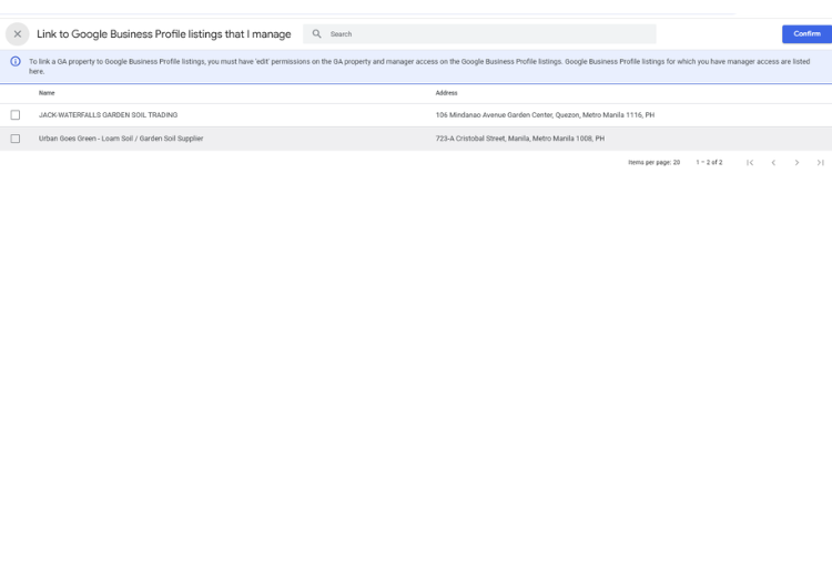 List of Business Profile listings with checkboxes and a Confirm button