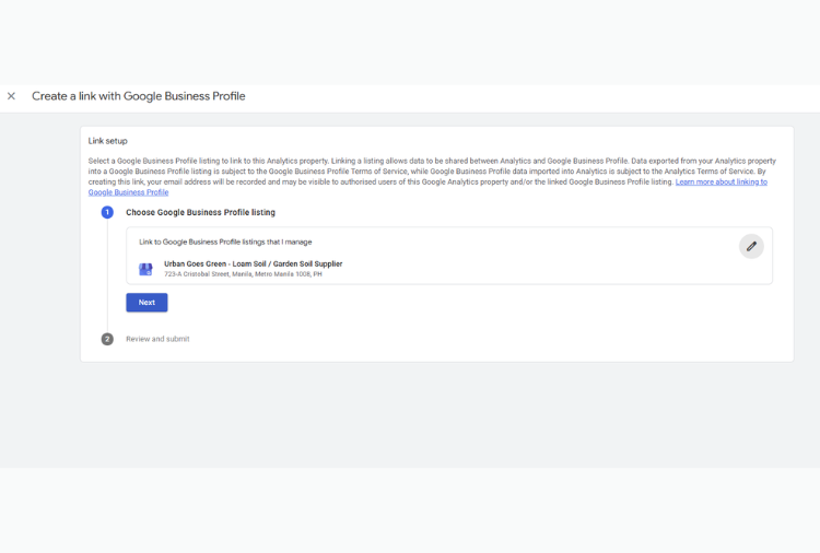 Selected Business Profile listing shown in the link setup with the Next button