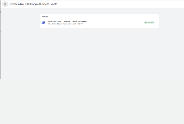 Results screen showing the Business Profile listing with a Link created label